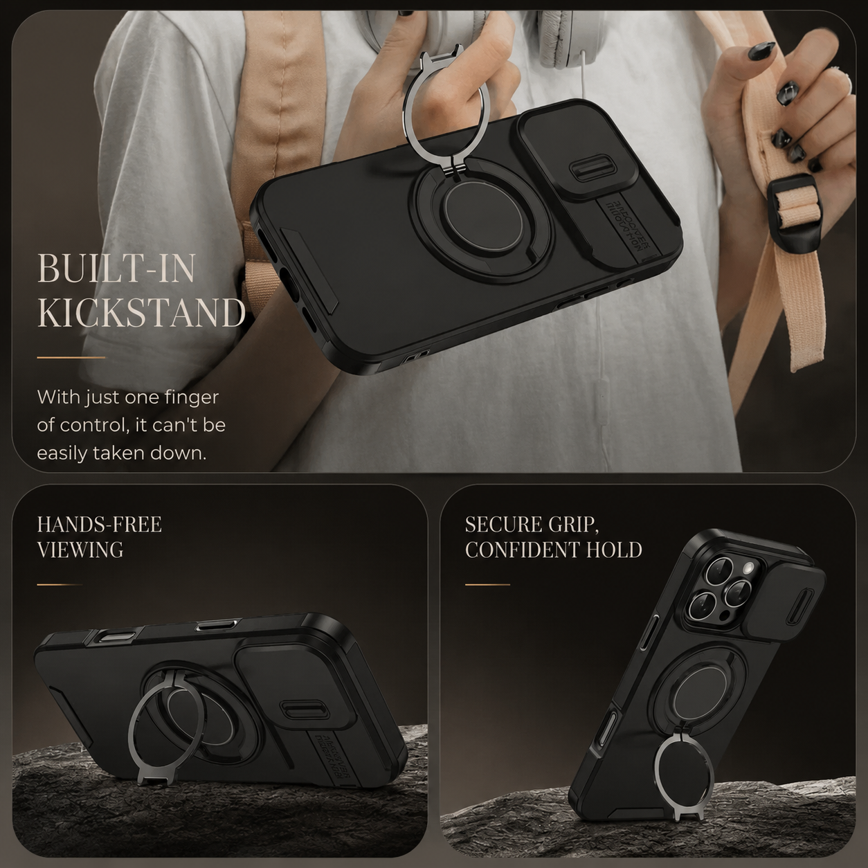 Premium iPhone Case Camera Lens Protection Shockproof Protective Cover Magnetic Stand Heavy Duty Armor Anti Fingerprint Anti Scratch Design
