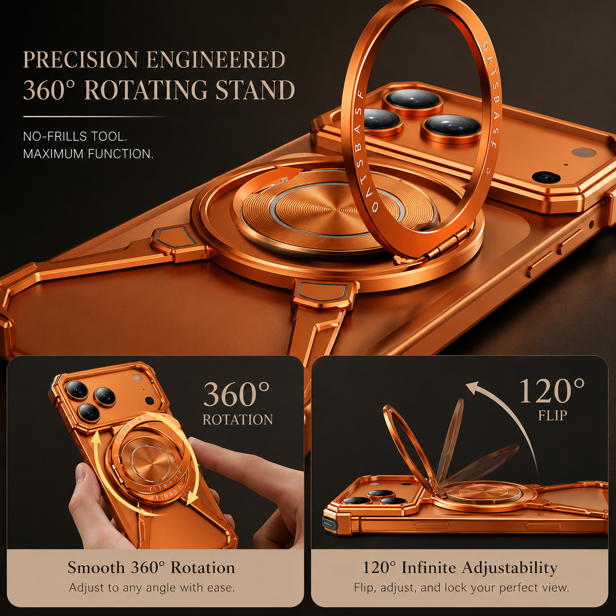 Premium iPhone Case Camera Lens Protection Shockproof Protective Cover Metal Bumper Ring Stand Frameless Anti Slip Design