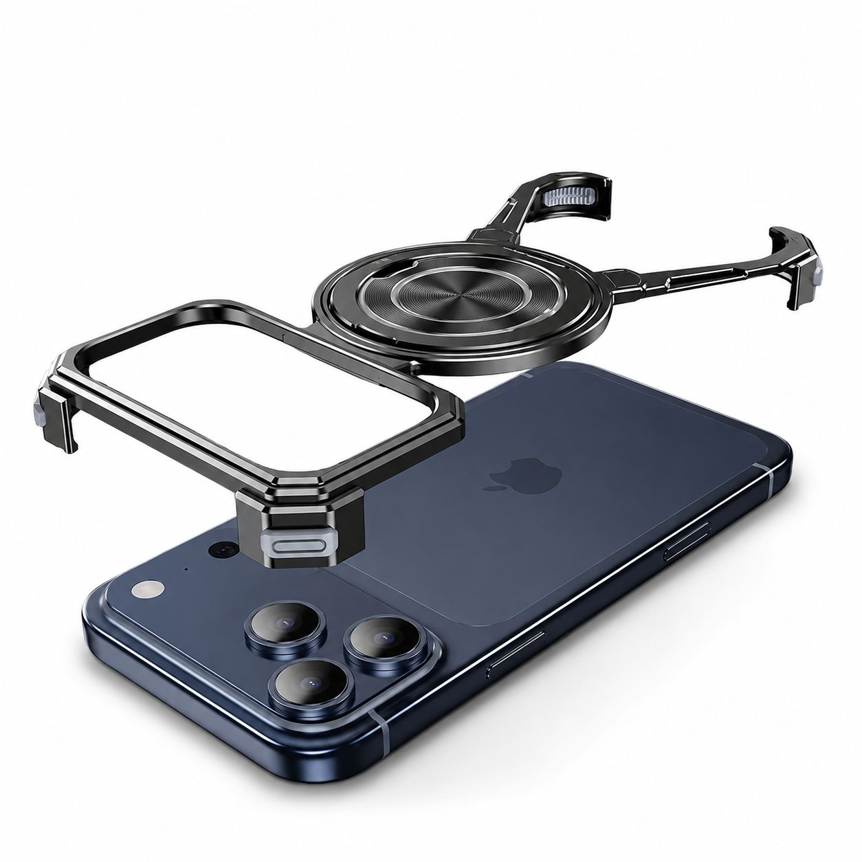 Premium iPhone Case Camera Lens Protection Shockproof Protective Cover Metal Bumper Ring Stand Frameless Anti Slip Design