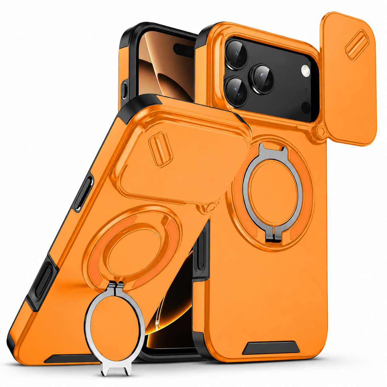 Premium iPhone Case Camera Lens Protection Shockproof Protective Cover Military Armor Magnetic Ring Stand Dual Layer Drop Resistant Bumper Design