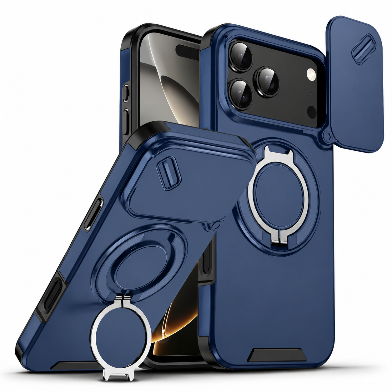 Premium iPhone Case Camera Lens Protection Shockproof Protective Cover Military Armor Magnetic Ring Stand Dual Layer Drop Resistant Bumper Design