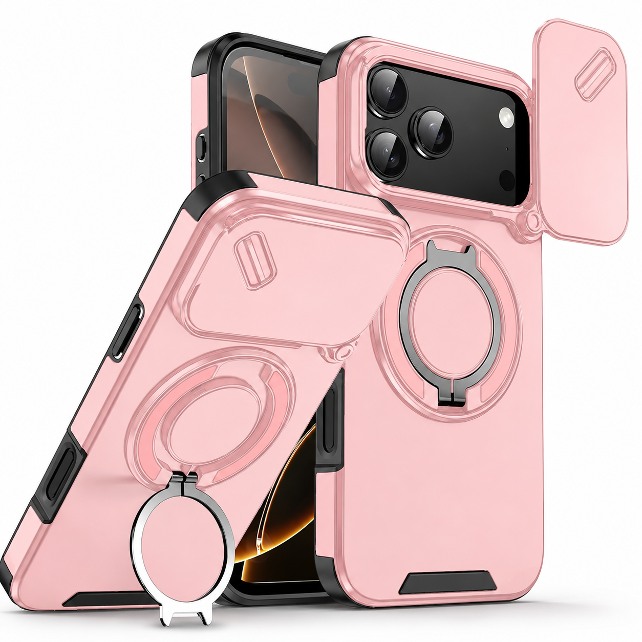 Premium iPhone Case Camera Lens Protection Shockproof Protective Cover Military Armor Magnetic Ring Stand Dual Layer Drop Resistant Bumper Design