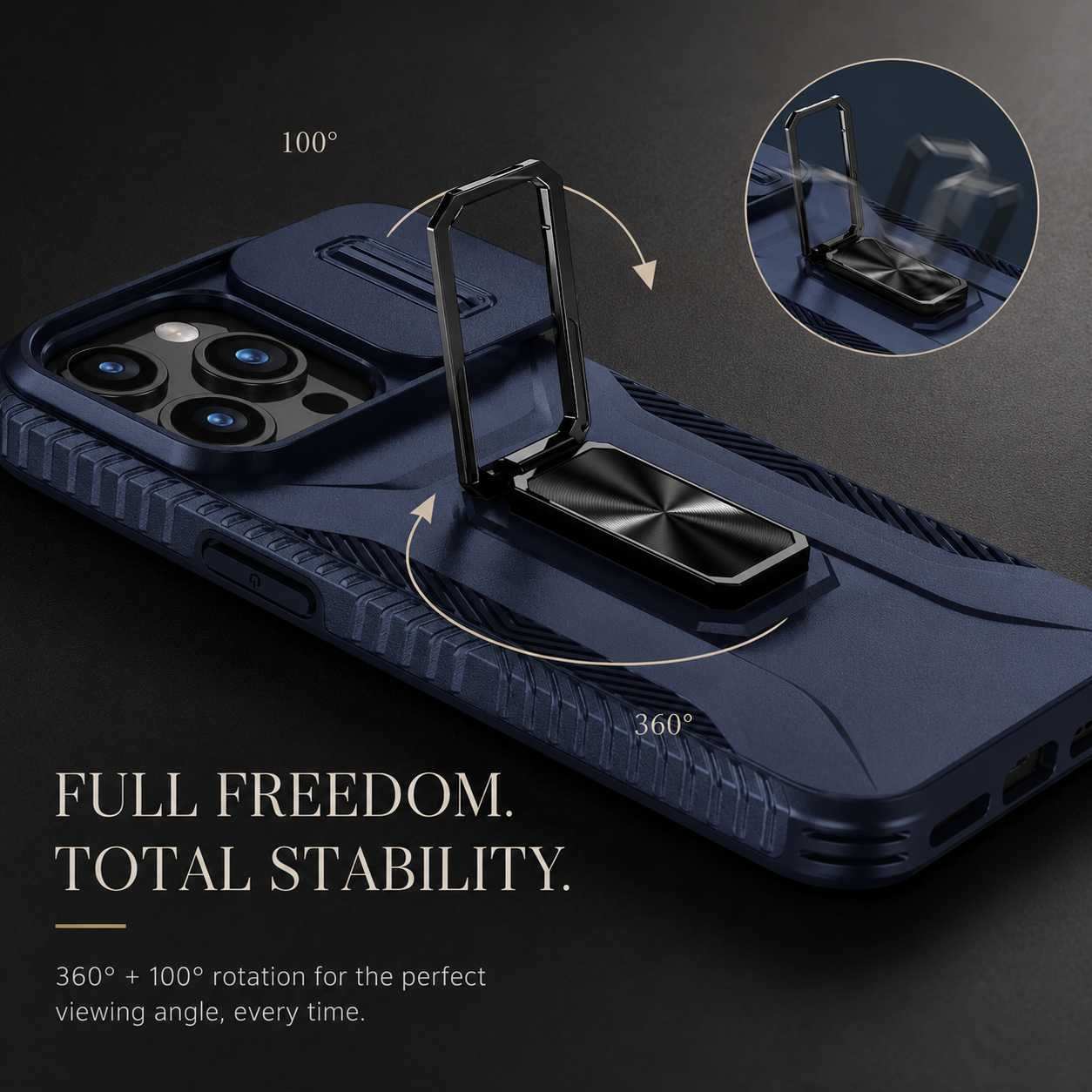 Premium iPhone Case Camera Lens Protection Shockproof Protective Cover Slide Camera Cover Rotary Stand Military Grade Anti Slip Design