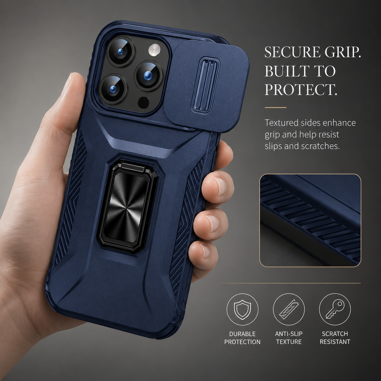Premium iPhone Case Camera Lens Protection Shockproof Protective Cover Slide Camera Cover Rotary Stand Military Grade Anti Slip Design