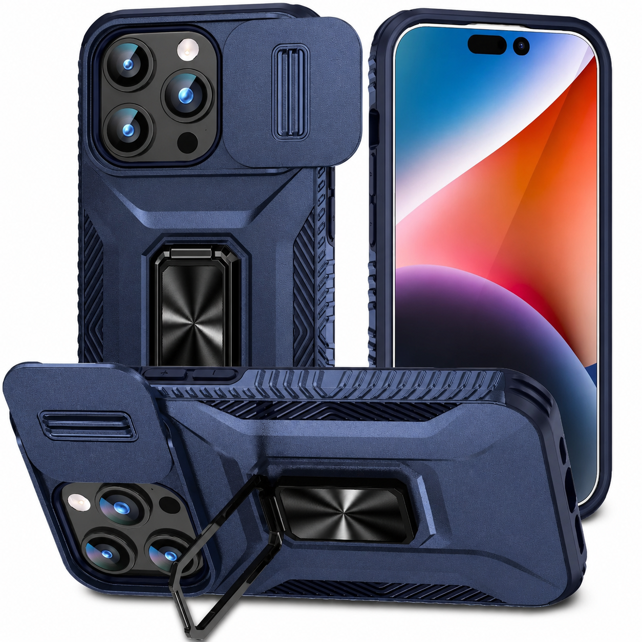 Premium iPhone Case Camera Lens Protection Shockproof Protective Cover Slide Camera Cover Rotary Stand Military Grade Anti Slip Design