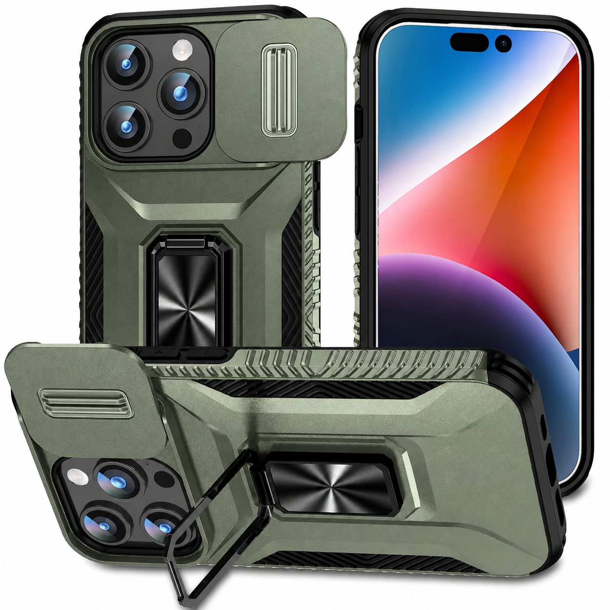 Premium iPhone Case Camera Lens Protection Shockproof Protective Cover Slide Camera Cover Rotary Stand Military Grade Anti Slip Design