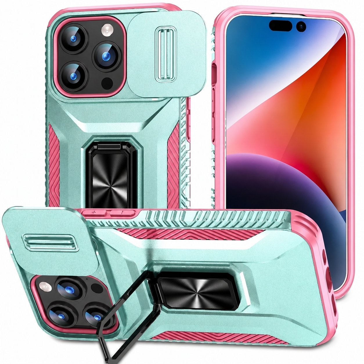 Premium iPhone Case Camera Lens Protection Shockproof Protective Cover Slide Camera Cover Rotary Stand Military Grade Anti Slip Design
