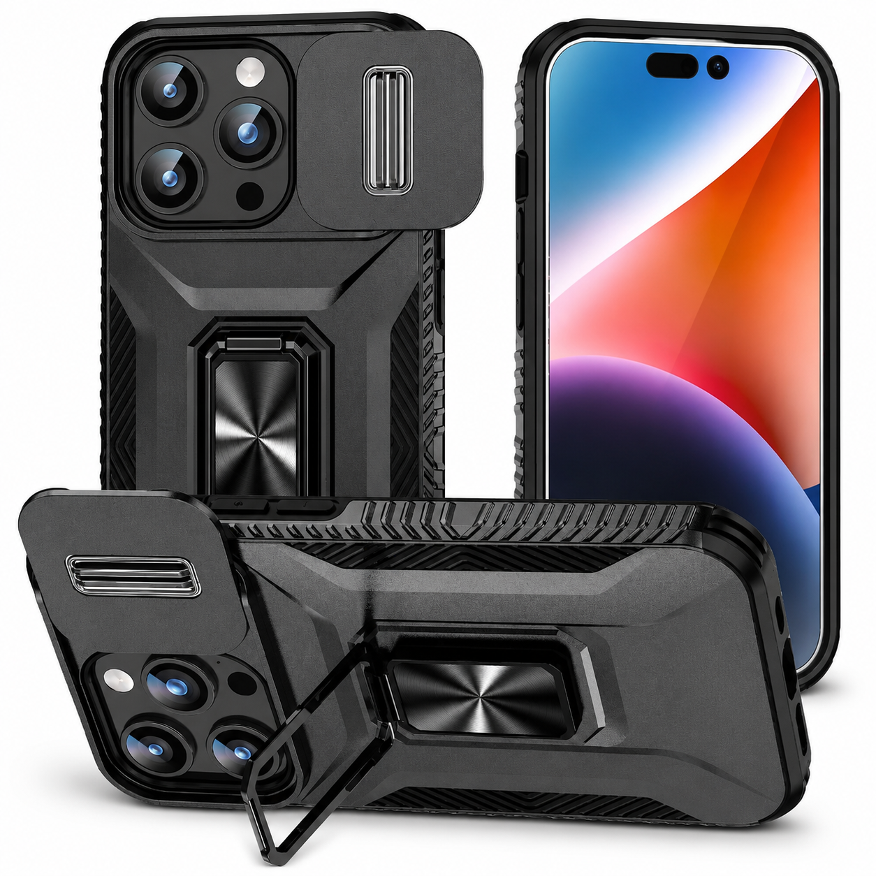 Premium iPhone Case Camera Lens Protection Shockproof Protective Cover Slide Camera Cover Rotary Stand Military Grade Anti Slip Design
