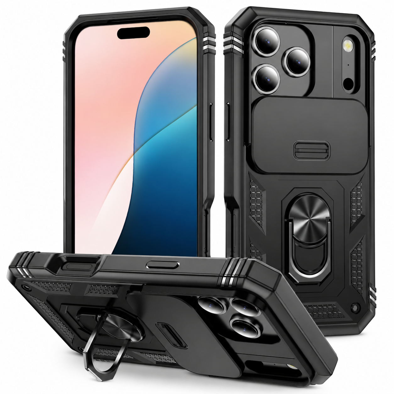 Premium iPhone Case Camera Lens Protection Shockproof Protective Cover Sliding Camera Cover 360 Rotating Kickstand Heavy Duty Design