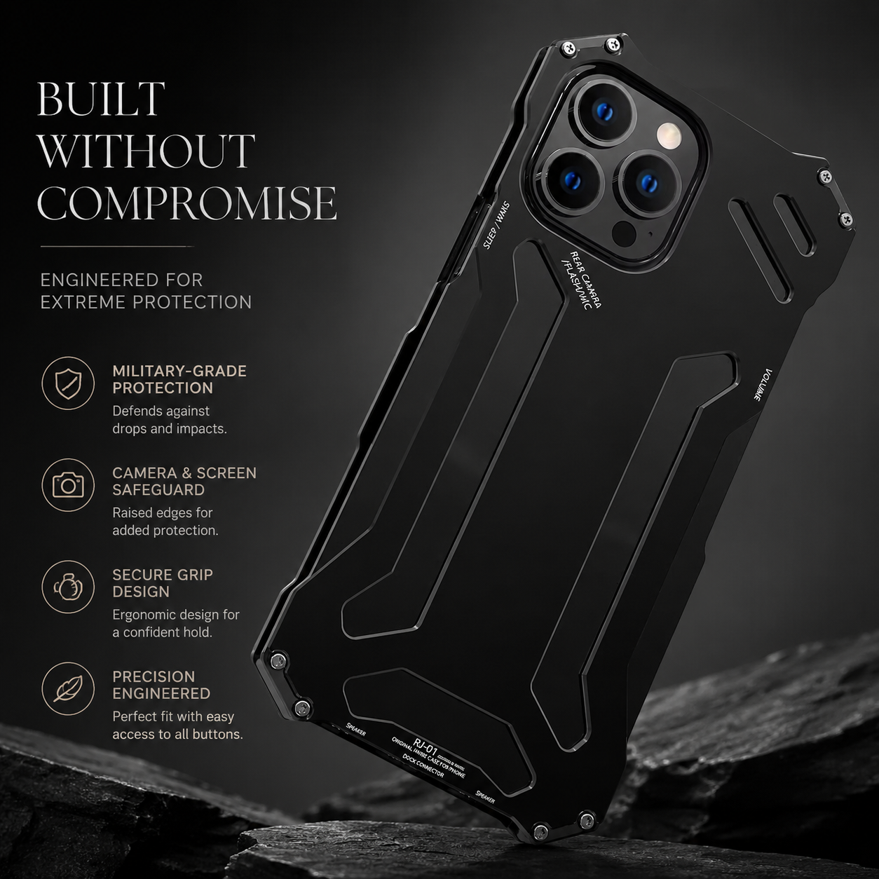 Premium iPhone Case Camera Lens Protection with Aluminum Alloy Armor Construction, Shockproof Design, Anti Scratch Surface, Matte Non Slip Finish