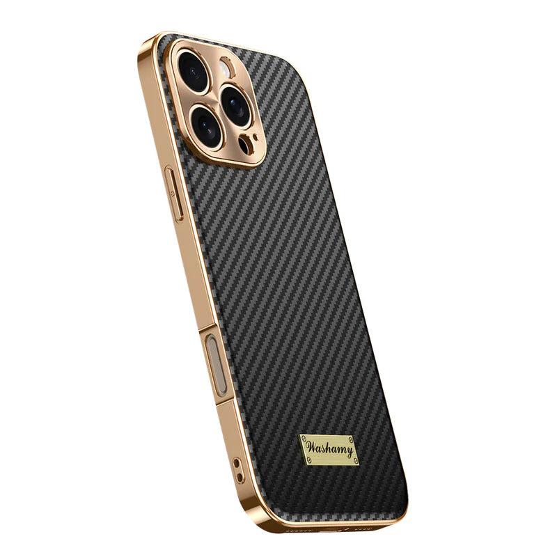 Premium iPhone Case Carbon Fiber Textured Leather Protective Cover Camera Lens Protection Shockproof Slim Fit Durable Design