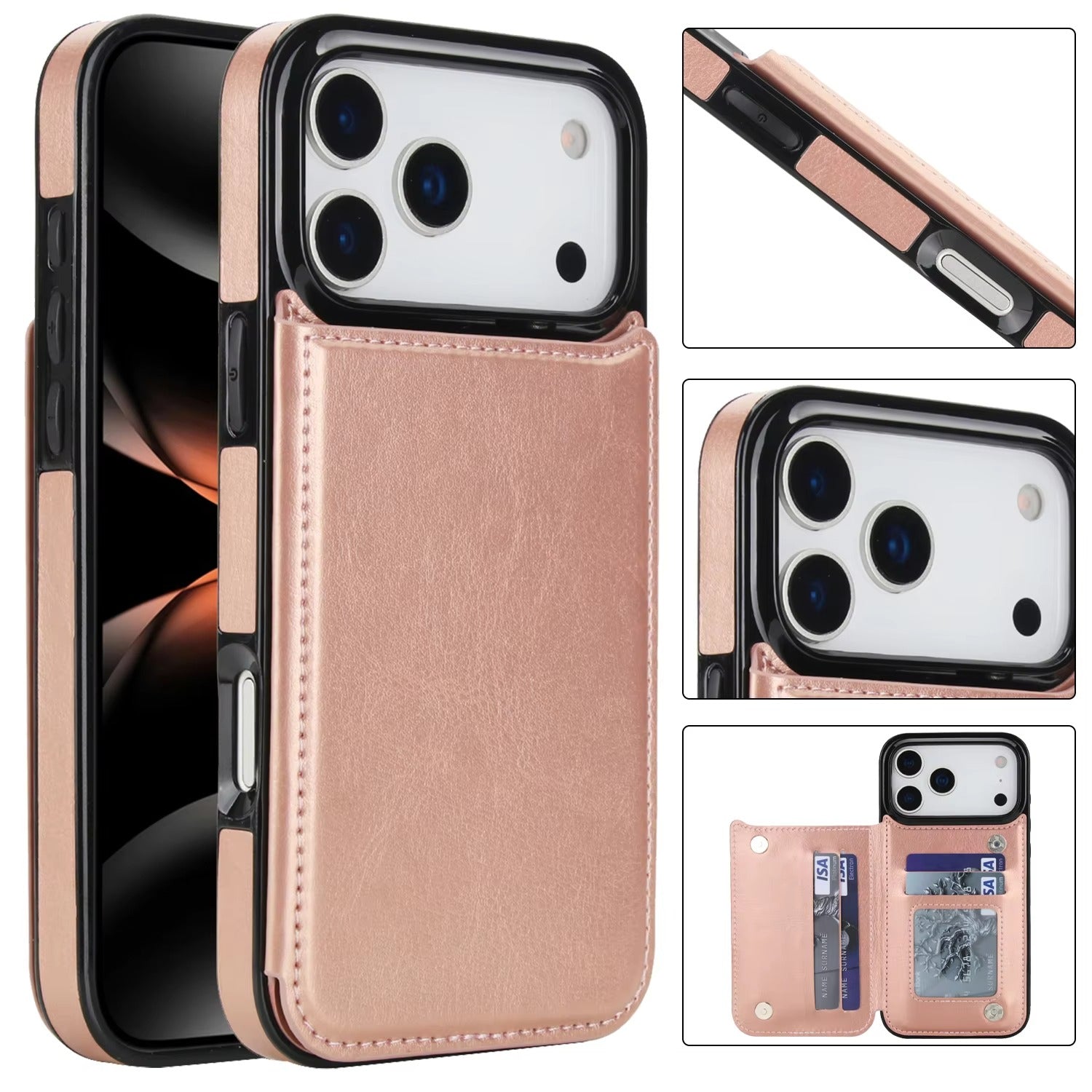 Premium iPhone Case Card Holder Wallet Cover Shockproof Protective Case Faux Leather Kickstand Double Magnetic Clasp Anti Scratch Slim Everyday Design