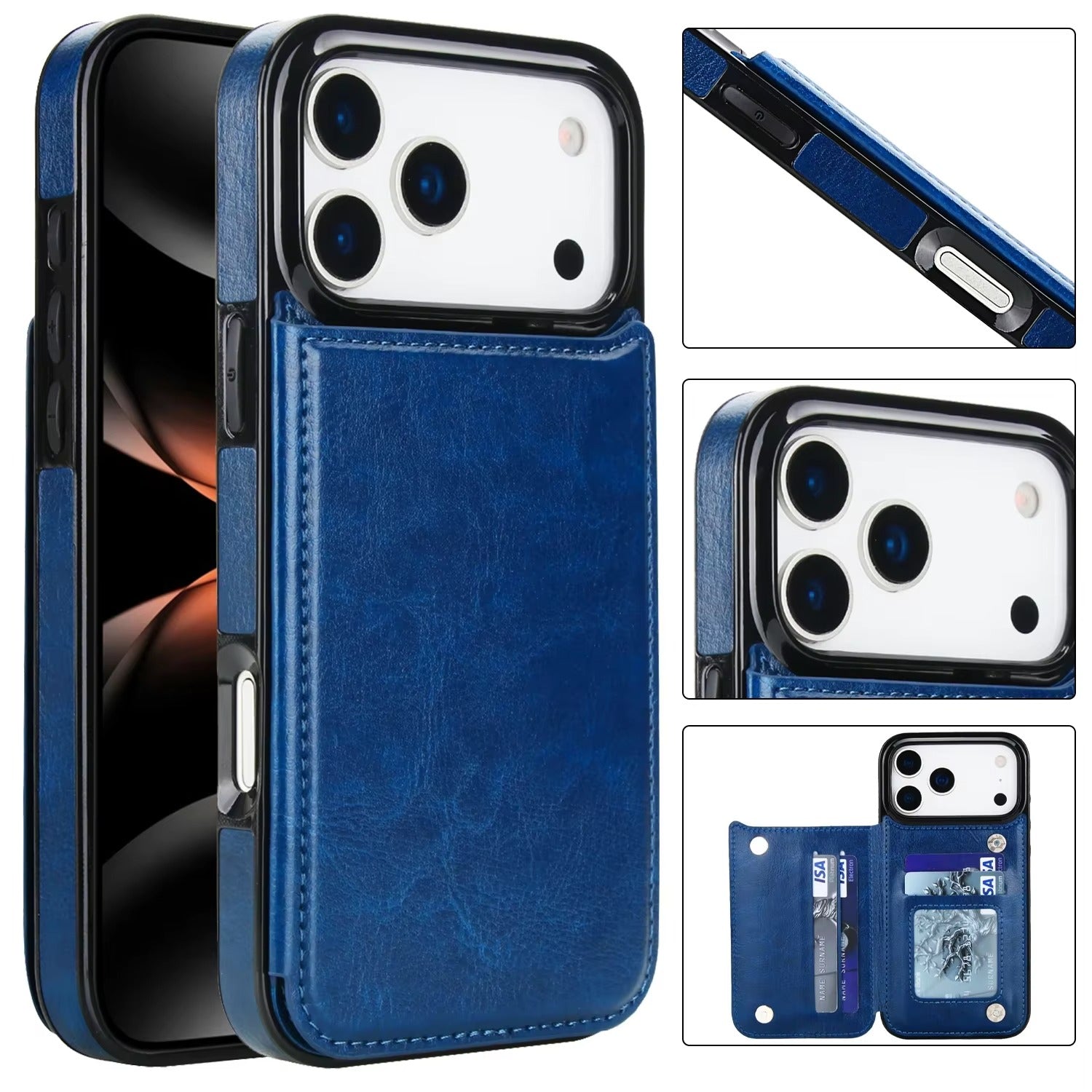 Premium iPhone Case Card Holder Wallet Cover Shockproof Protective Case Faux Leather Kickstand Double Magnetic Clasp Anti Scratch Slim Everyday Design