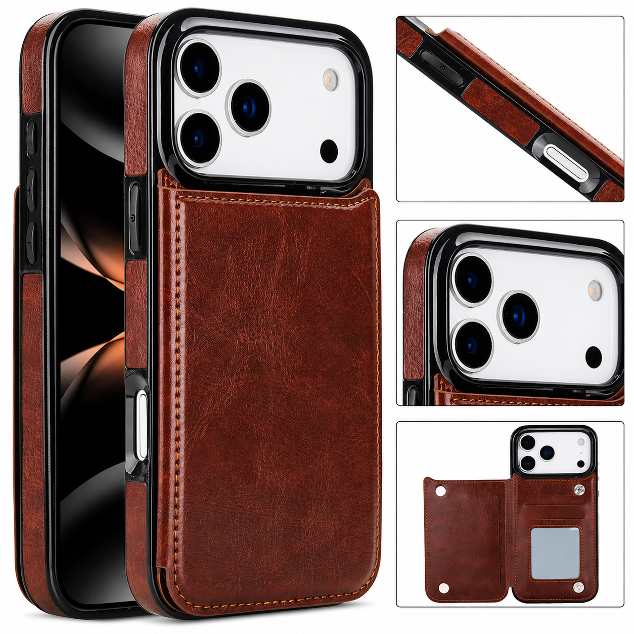Premium iPhone Case Card Holder Wallet Cover Shockproof Protective Case Faux Leather Kickstand Double Magnetic Clasp Anti Scratch Slim Everyday Design