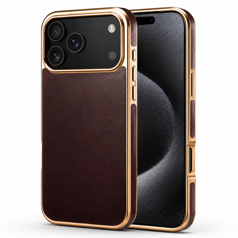 Premium iPhone Case Cowhide Leather Cover Camera Lens Protection Electroplated Edge Non Slip Heat Resistant Protective Design Soft Touch Matte Finish