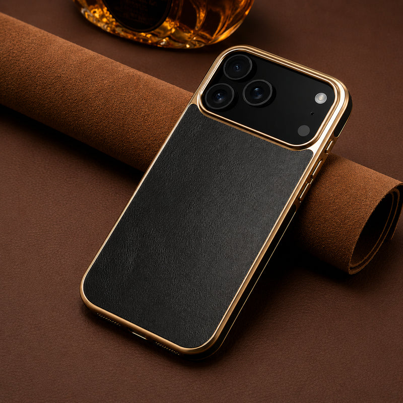 Premium iPhone Case Cowhide Leather Cover Camera Lens Protection Electroplated Edge Non Slip Heat Resistant Protective Design Soft Touch Matte Finish