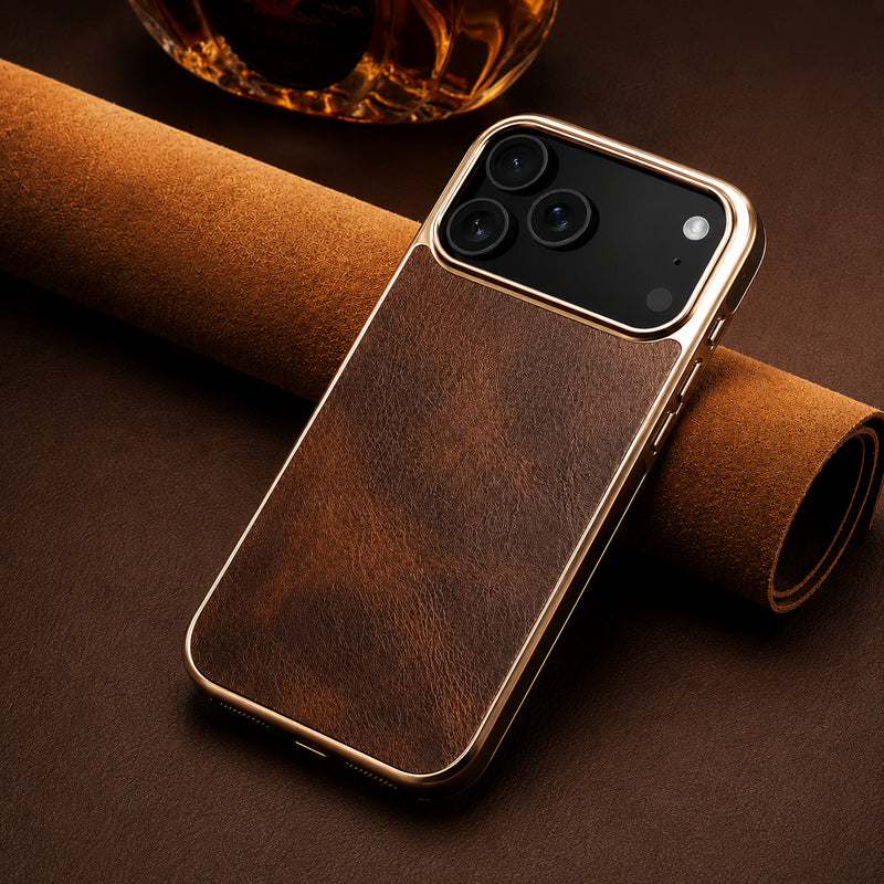 Premium iPhone Case Cowhide Leather Cover Camera Lens Protection Electroplated Edge Non Slip Heat Resistant Protective Design Soft Touch Matte Finish