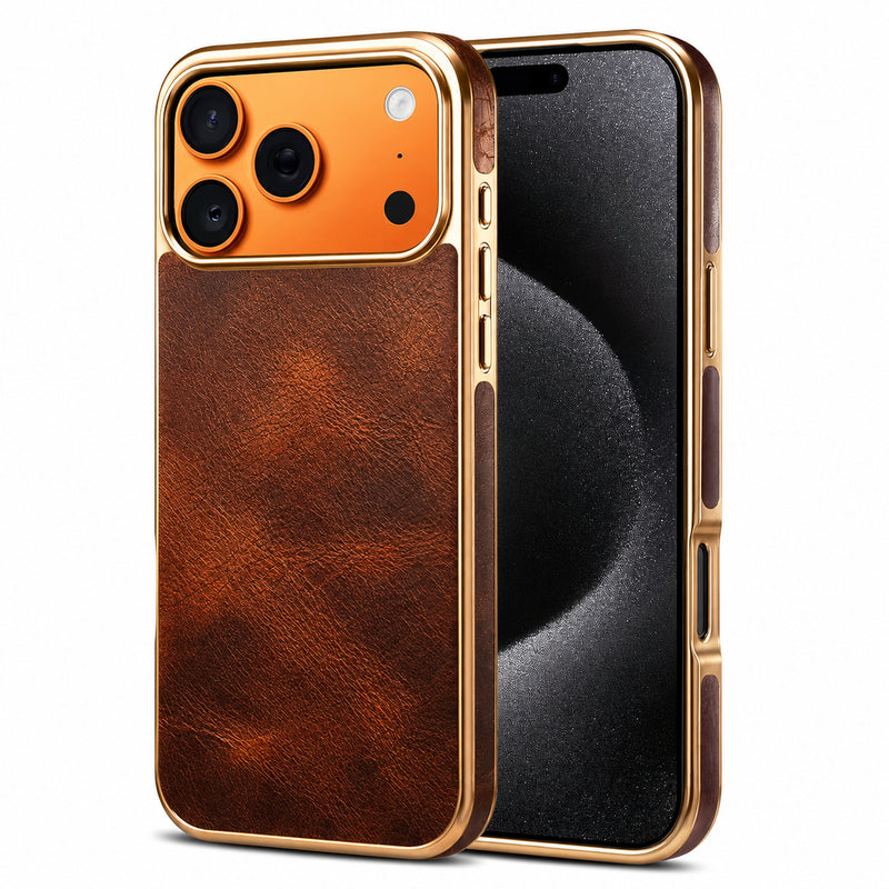 Premium iPhone Case Cowhide Leather Cover Camera Lens Protection Electroplated Edge Non Slip Heat Resistant Protective Design Soft Touch Matte Finish