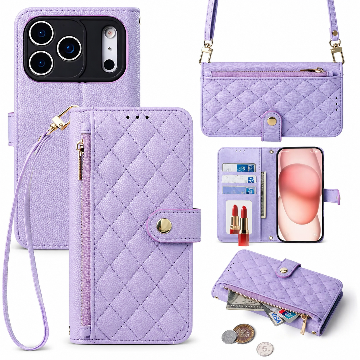 Premium iPhone Case Crossbody PU Leather Wallet Cover with Card Holder and Lanyard Strap, Anti Scratch Non Slip Surface, Durable Protective Design