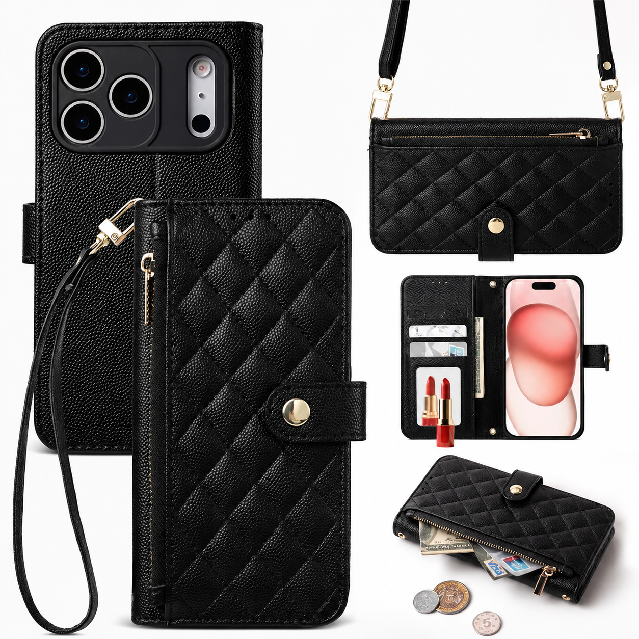 Premium iPhone Case Crossbody PU Leather Wallet Cover with Card Holder and Lanyard Strap, Anti Scratch Non Slip Surface, Durable Protective Design