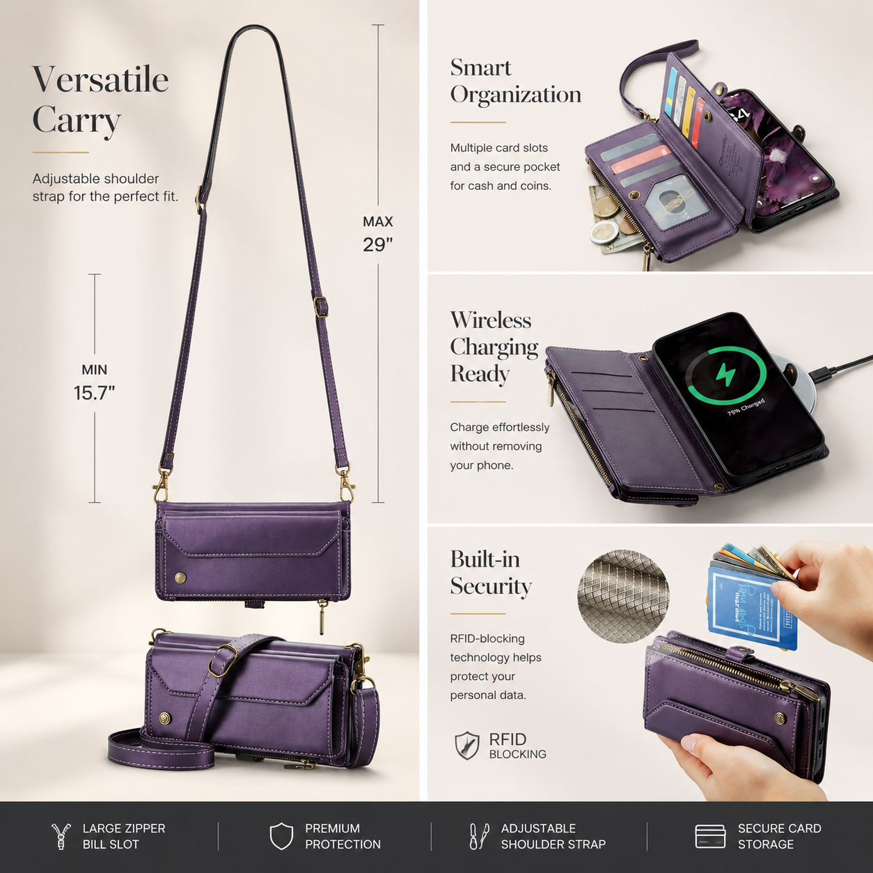 Premium iPhone Case Crossbody PU Leather Wallet Flip Cover RFID Blocking 7–10 Card Holder Wristlet Strap Shockproof Full-Body Protective Design