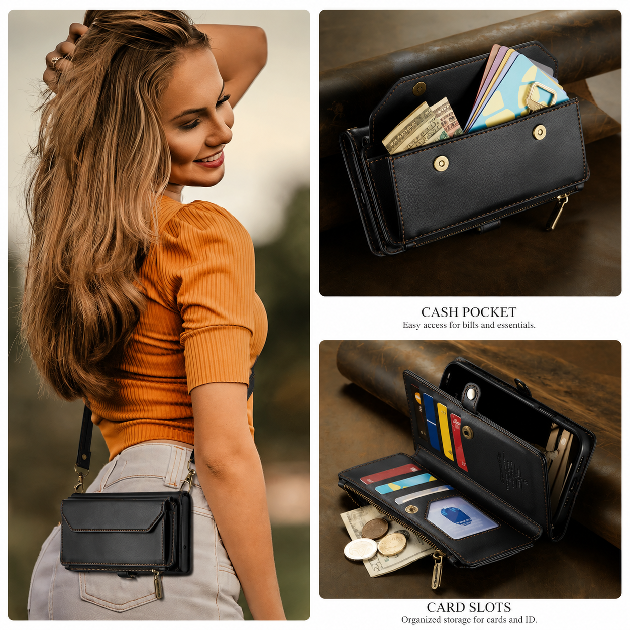 Premium iPhone Case Crossbody PU Leather Wallet Flip Cover with RFID Blocking, 7–10 Card Slots, Wristlet Strap, Kickstand Function & Shockproof Full-Body Protection