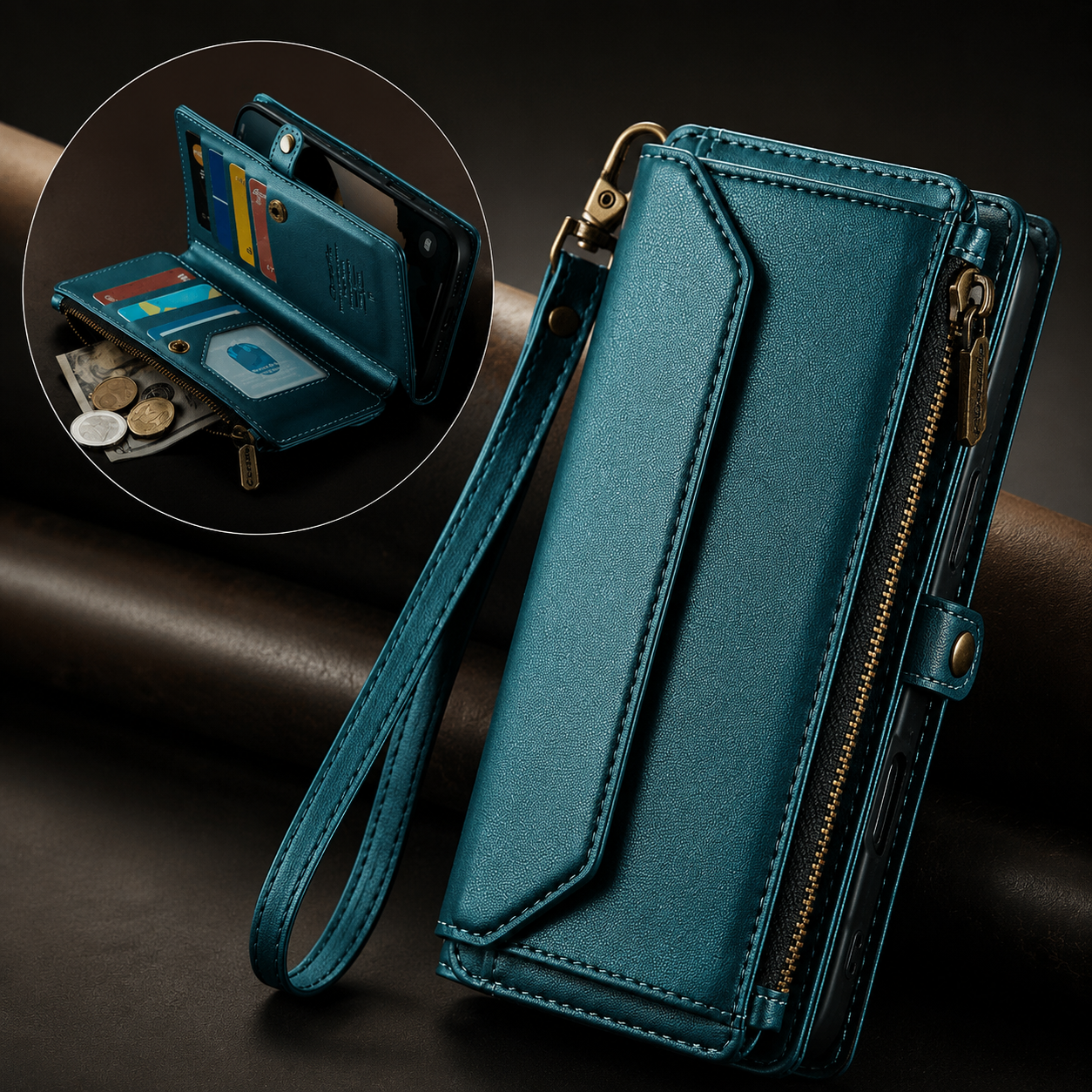 Premium iPhone Case Crossbody PU Leather Wallet Flip Cover with RFID Blocking, 7–10 Card Slots, Wristlet Strap, Kickstand Function & Shockproof Full-Body Protection
