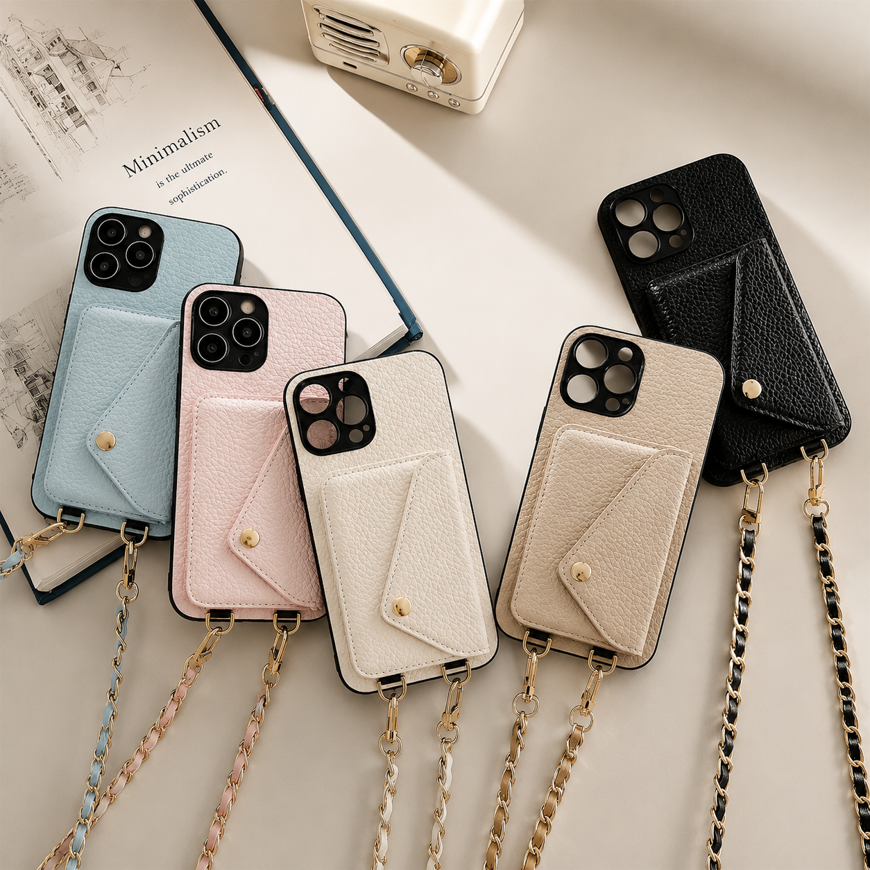 Premium iPhone Case Crossbody Wallet Cover Card Holder PU Leather Protective Case Chain Strap Lanyard Design Shockproof Anti Scratch Everyday Carry
