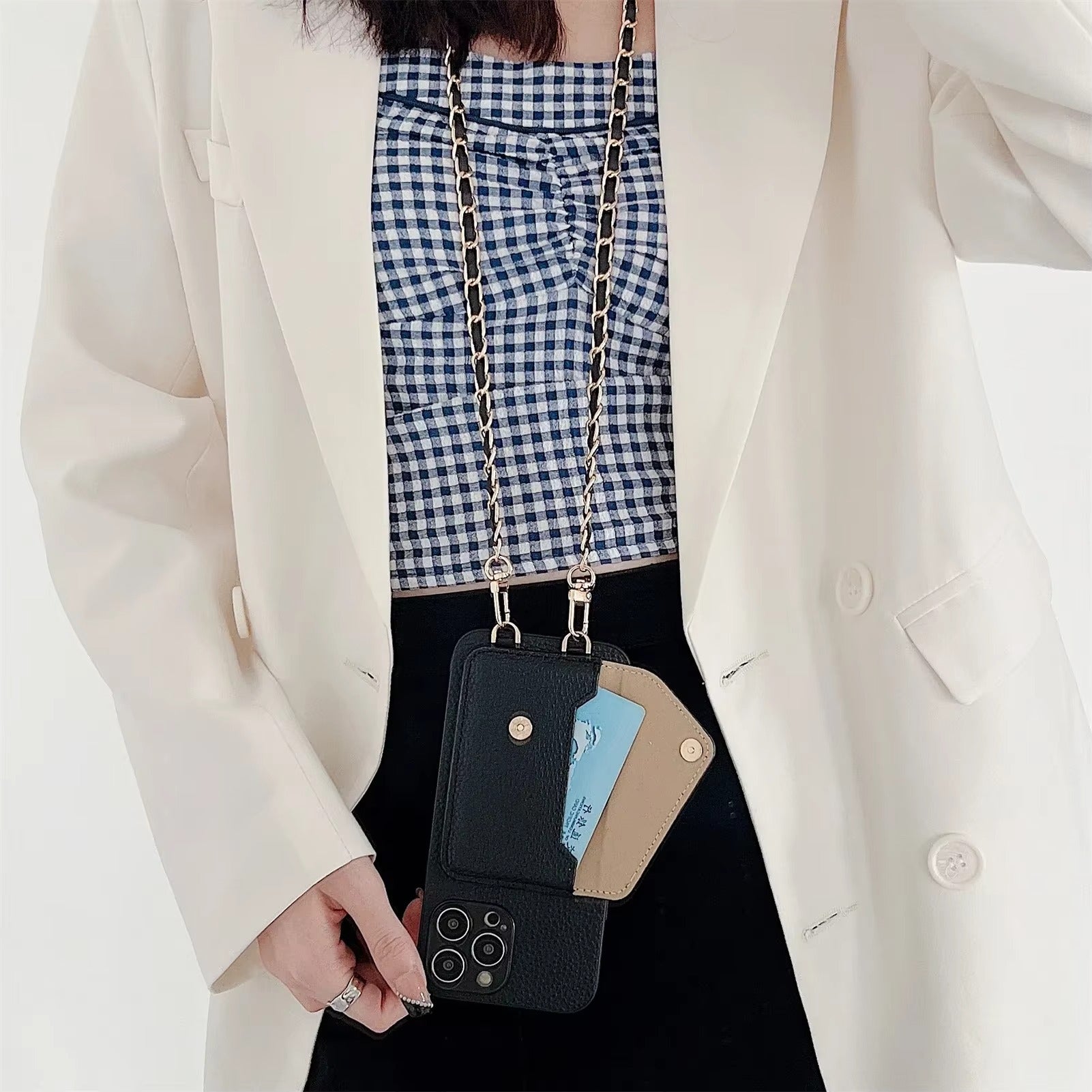 Premium iPhone Case Crossbody Wallet Cover Card Holder PU Leather Protective Case Chain Strap Lanyard Design Shockproof Anti Scratch Everyday Carry