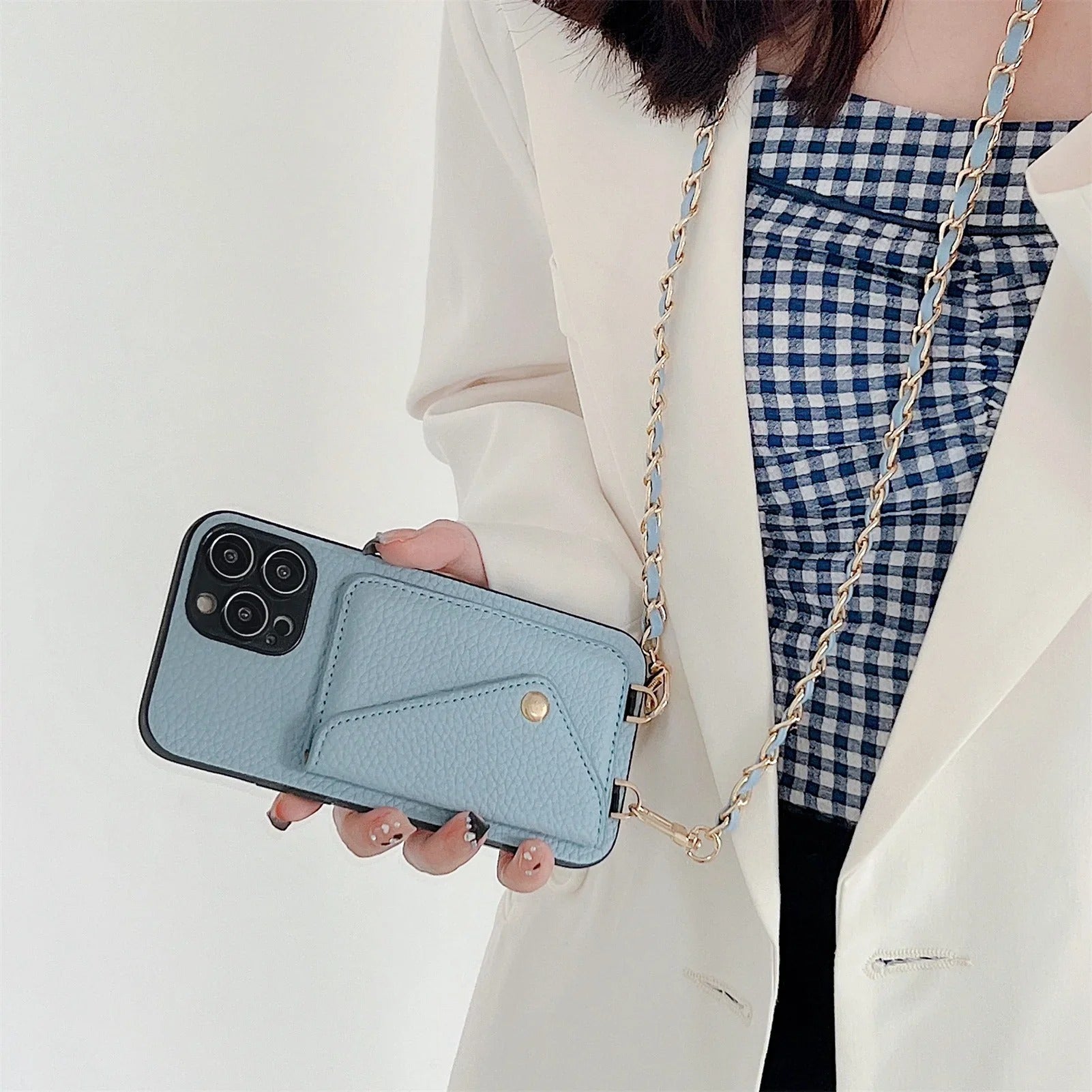 Premium iPhone Case Crossbody Wallet Cover Card Holder PU Leather Protective Case Chain Strap Lanyard Design Shockproof Anti Scratch Everyday Carry