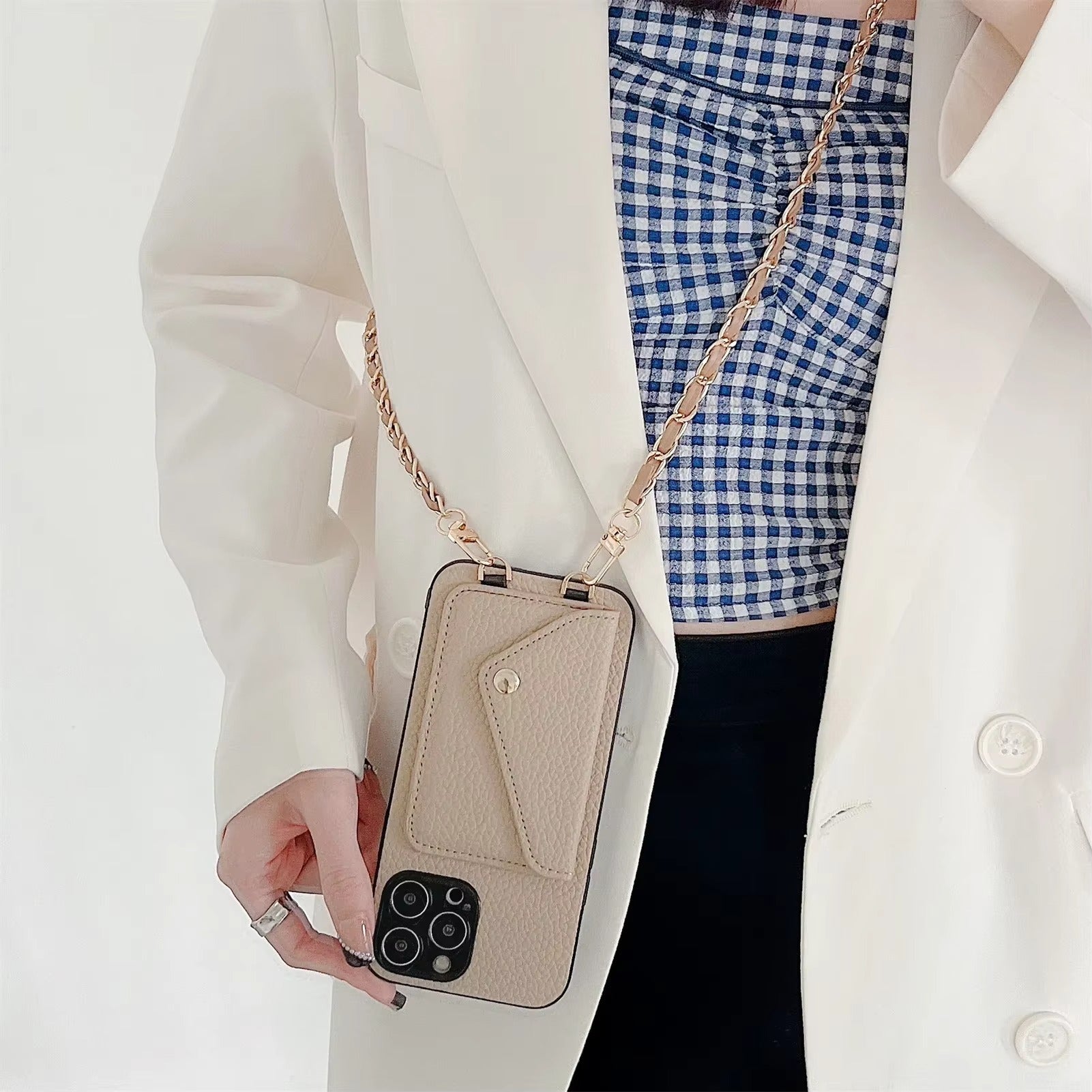 Premium iPhone Case Crossbody Wallet Cover Card Holder PU Leather Protective Case Chain Strap Lanyard Design Shockproof Anti Scratch Everyday Carry