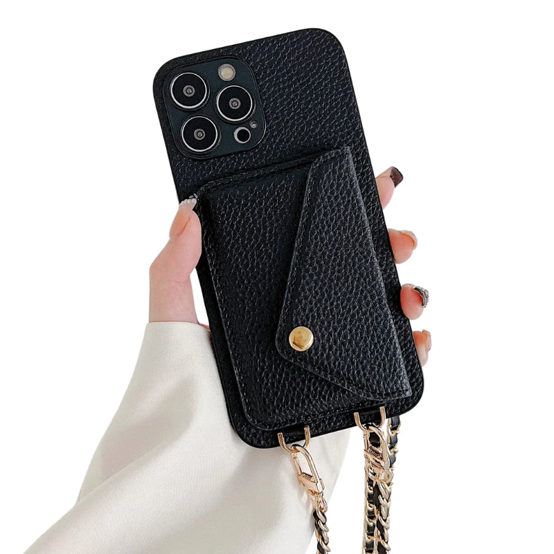 Premium iPhone Case Crossbody Wallet Cover Card Holder PU Leather Protective Case Chain Strap Lanyard Design Shockproof Anti Scratch Everyday Carry