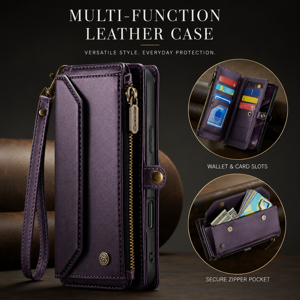 Premium iPhone Case Crossbody Wallet Cover Card Holder RFID Protection PU Leather Case Shockproof Design Adjustable Shoulder Strap Wristlet Storage Compartment