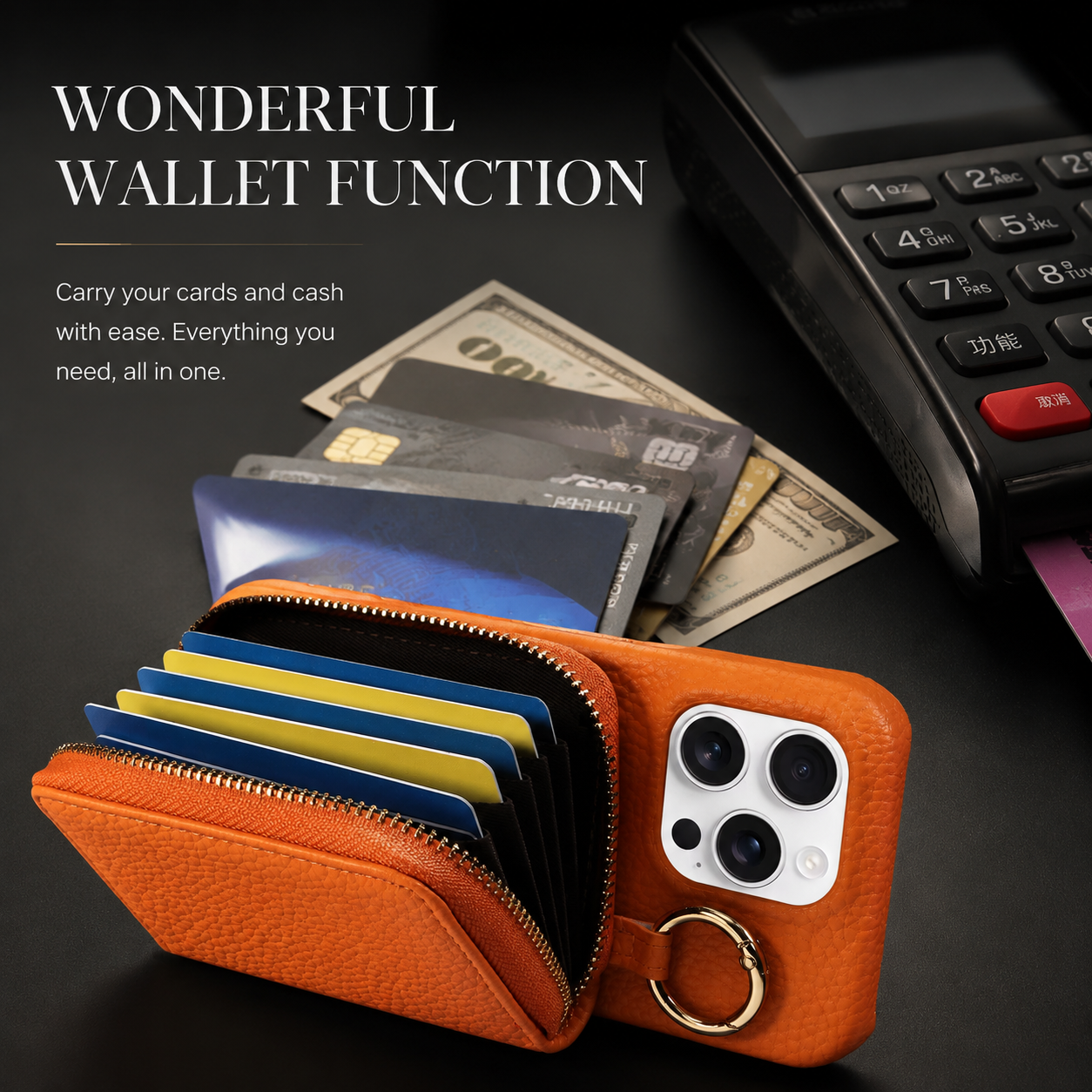 Premium iPhone Case Crossbody Wallet Cover Card Holder Ring Holder Shockproof Protective Case Faux Leather Anti Scratch Storage Compartment Design