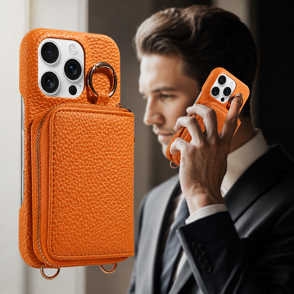 Premium iPhone Case Crossbody Wallet Cover Card Holder Ring Holder Shockproof Protective Case Faux Leather Anti Scratch Storage Compartment Design