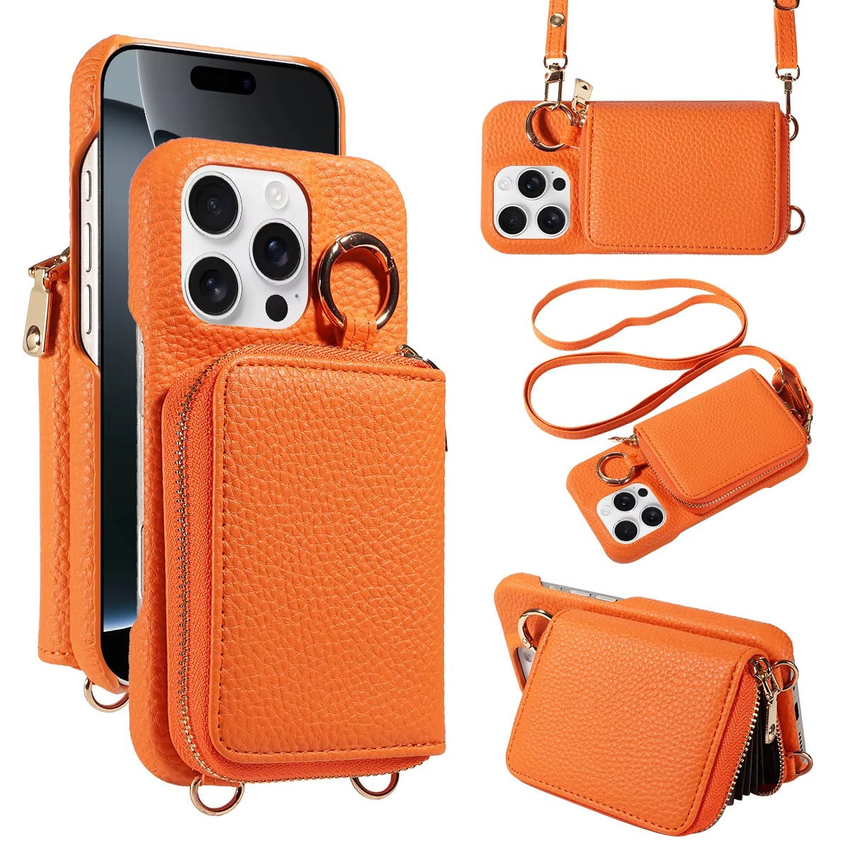 Premium iPhone Case Crossbody Wallet Cover Card Holder Ring Holder Shockproof Protective Case Faux Leather Anti Scratch Storage Compartment Design