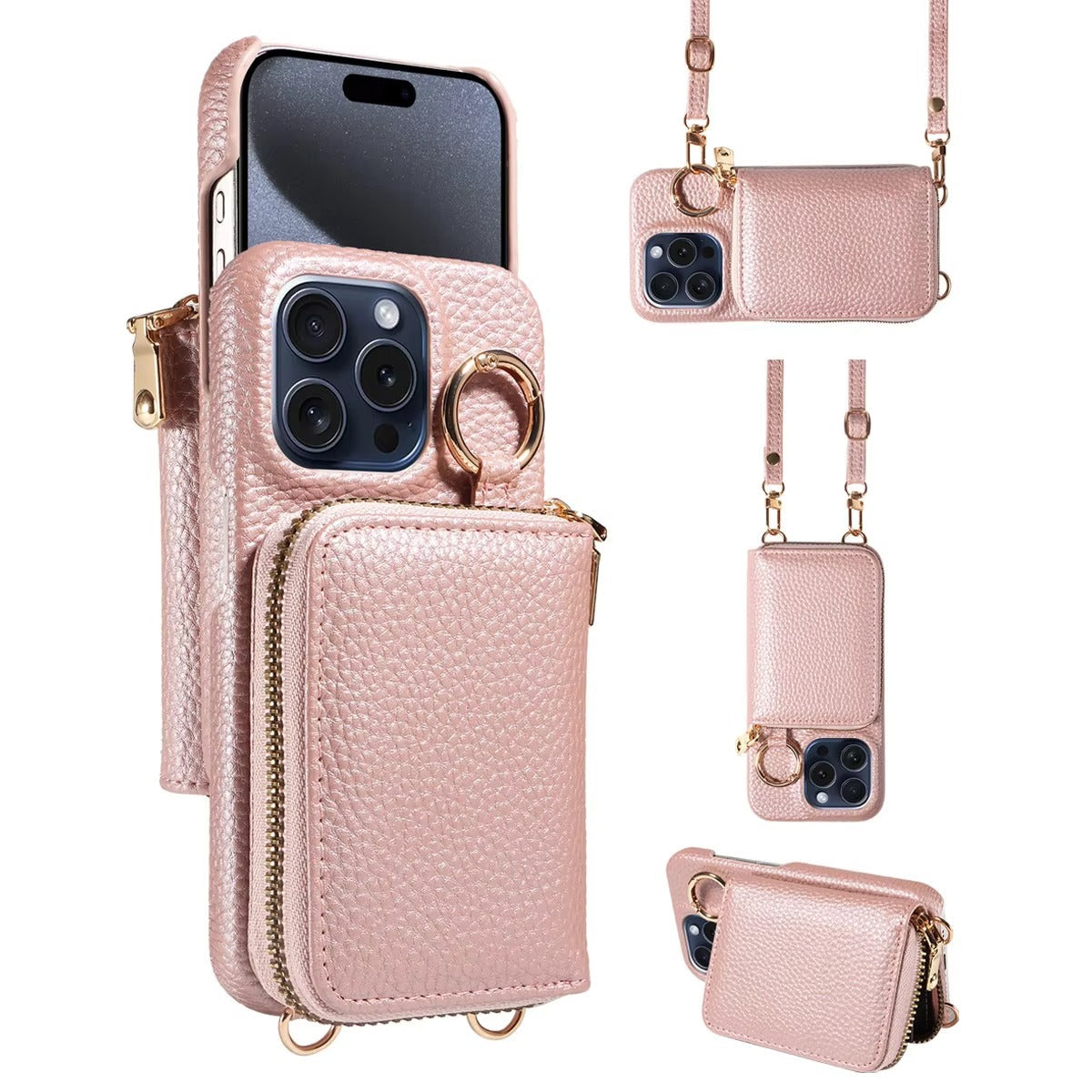 Premium iPhone Case Crossbody Wallet Cover Card Holder Ring Holder Shockproof Protective Case Faux Leather Anti Scratch Storage Compartment Design