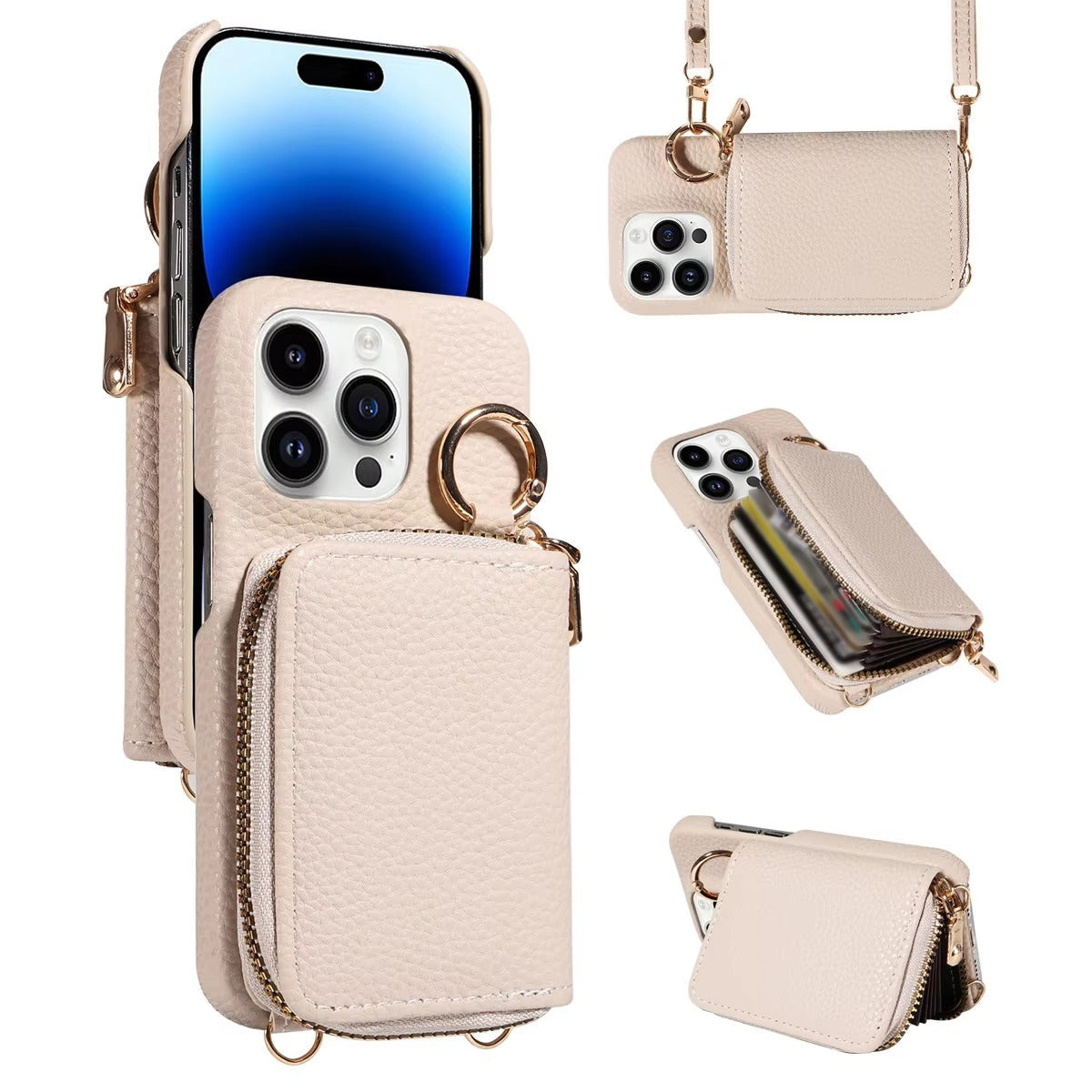 Premium iPhone Case Crossbody Wallet Cover Card Holder Ring Holder Shockproof Protective Case Faux Leather Anti Scratch Storage Compartment Design