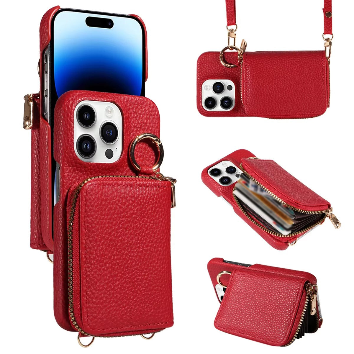 Premium iPhone Case Crossbody Wallet Cover Card Holder Ring Holder Shockproof Protective Case Faux Leather Anti Scratch Storage Compartment Design