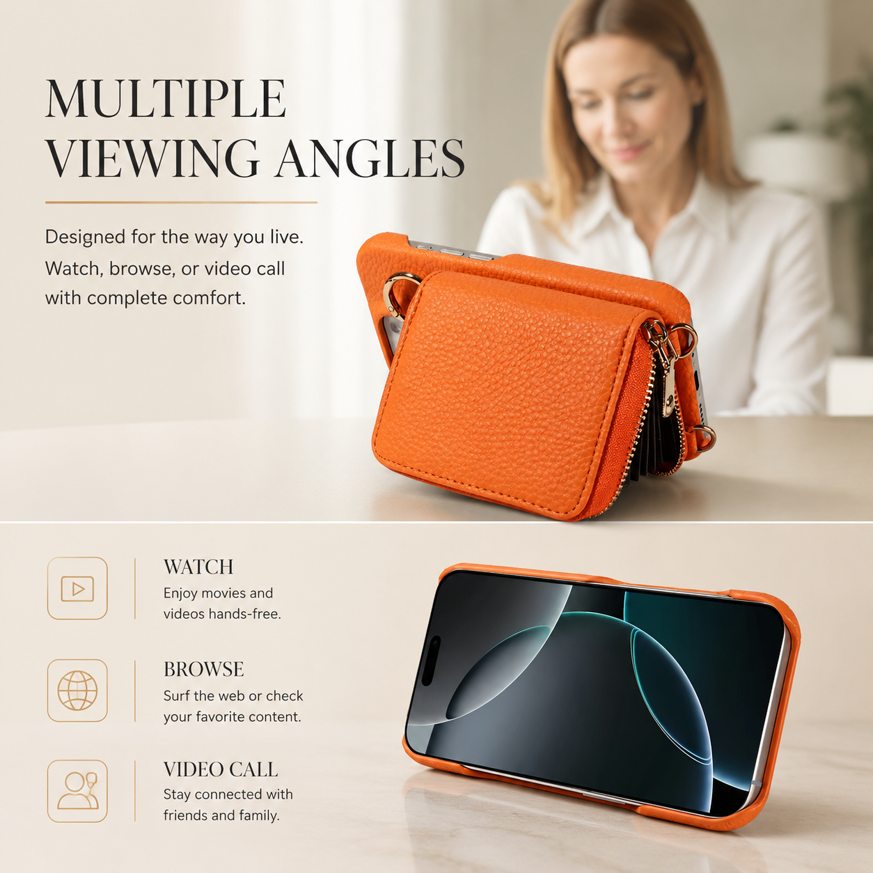 Premium iPhone Case Crossbody Wallet Cover Card Holder Ring Holder Shockproof Protective Case Faux Leather Anti Scratch Storage Compartment Design