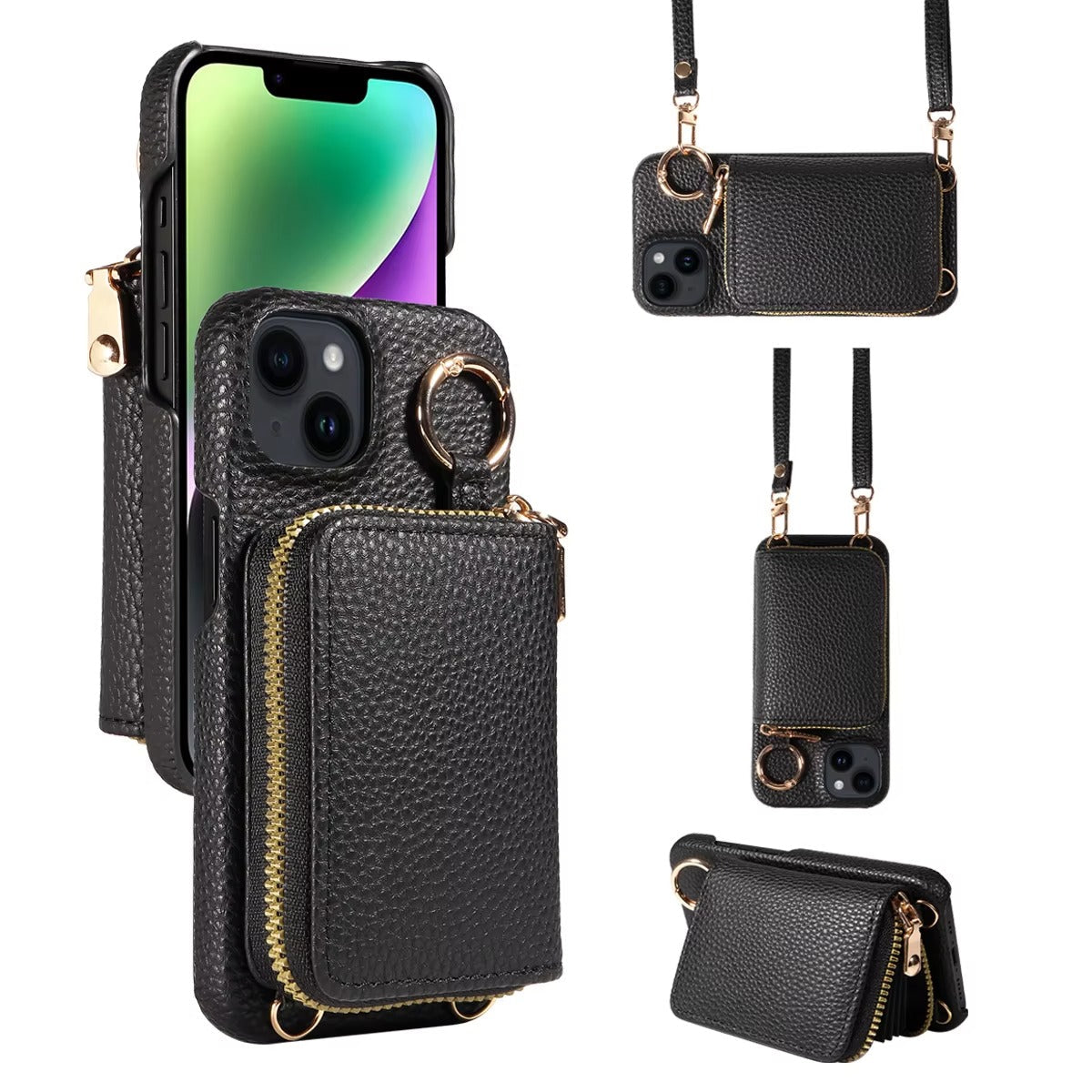 Premium iPhone Case Crossbody Wallet Cover Card Holder Ring Holder Shockproof Protective Case Faux Leather Anti Scratch Storage Compartment Design