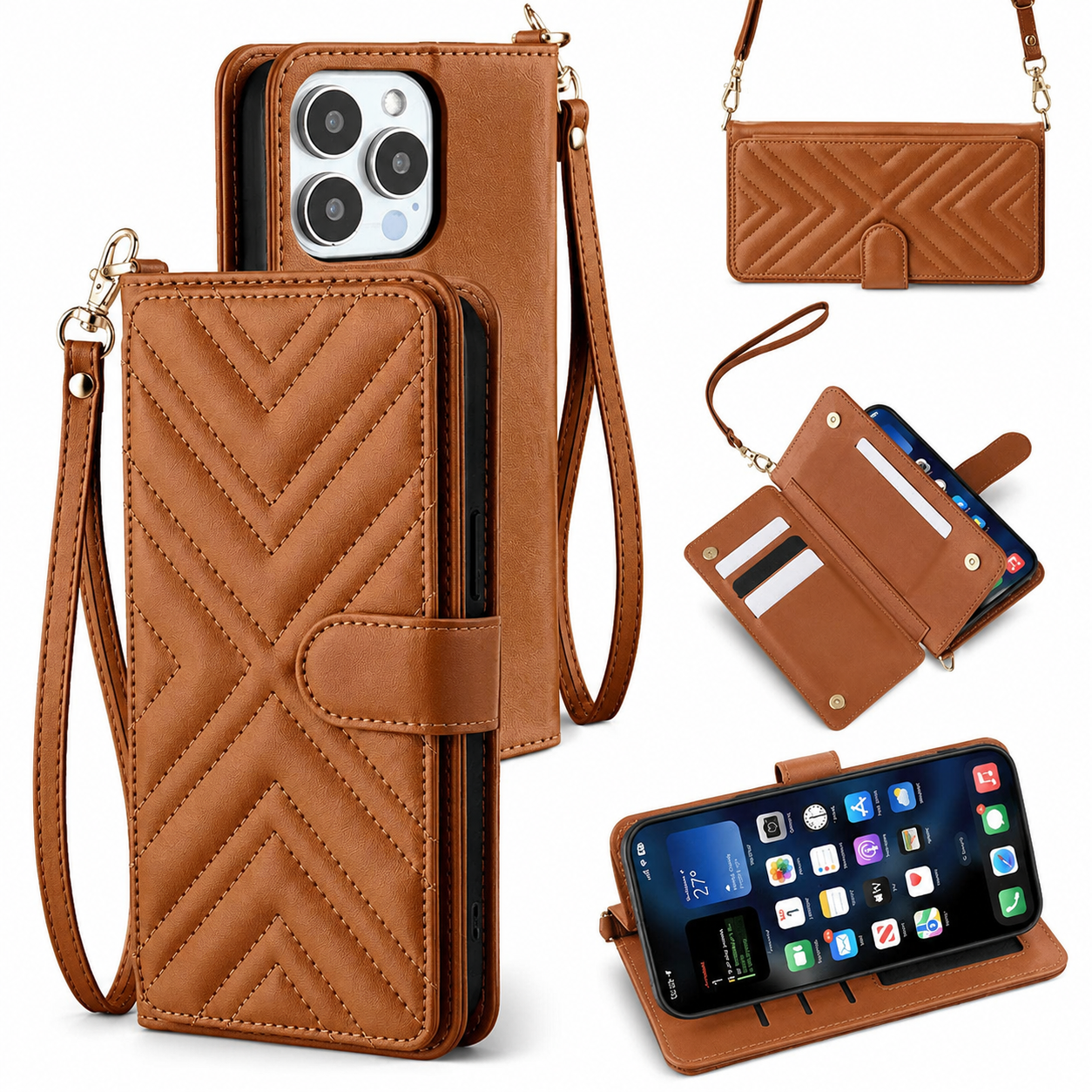 Premium iPhone Case Crossbody Wallet Cover PU Leather Card Holder Magnetic Closure Shoulder Strap Shockproof Full Protection Organizer Carrying