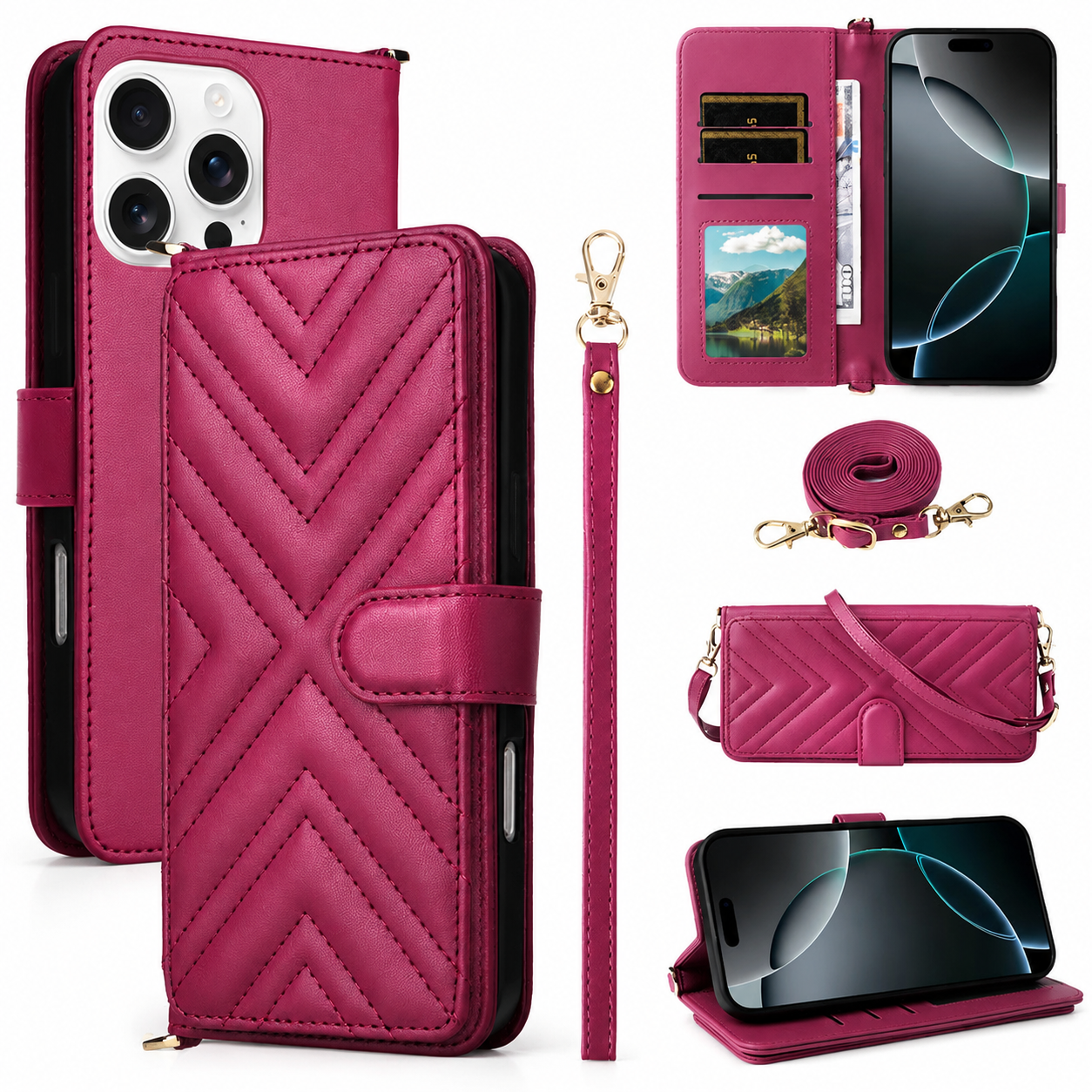 Premium iPhone Case Crossbody Wallet Cover PU Leather Card Holder Magnetic Closure Shoulder Strap Shockproof Full Protection Organizer Carrying