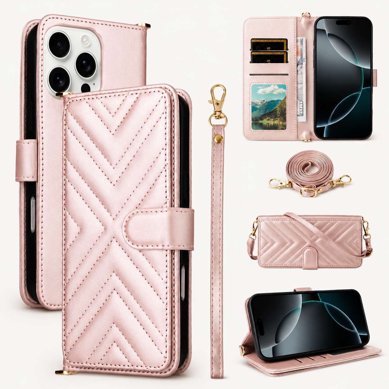 Premium iPhone Case Crossbody Wallet Cover PU Leather Card Holder Magnetic Closure Shoulder Strap Shockproof Full Protection Organizer Carrying