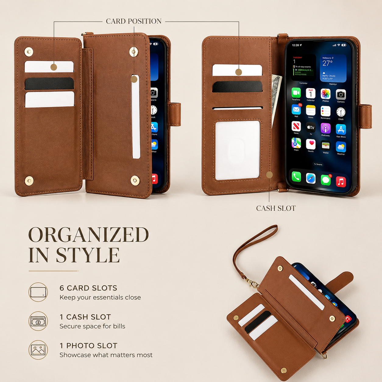Premium iPhone Case Crossbody Wallet Cover PU Leather Card Holder Magnetic Closure Shoulder Strap Shockproof Full Protection Organizer Carrying