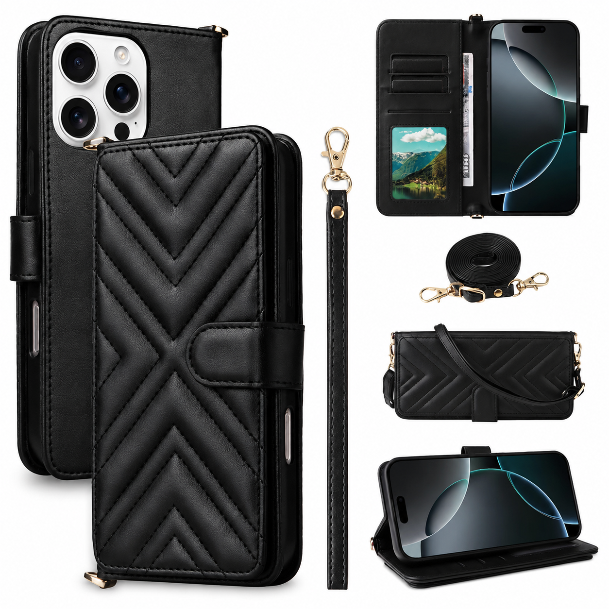Premium iPhone Case Crossbody Wallet Cover PU Leather Card Holder Magnetic Closure Shoulder Strap Shockproof Full Protection Organizer Carrying