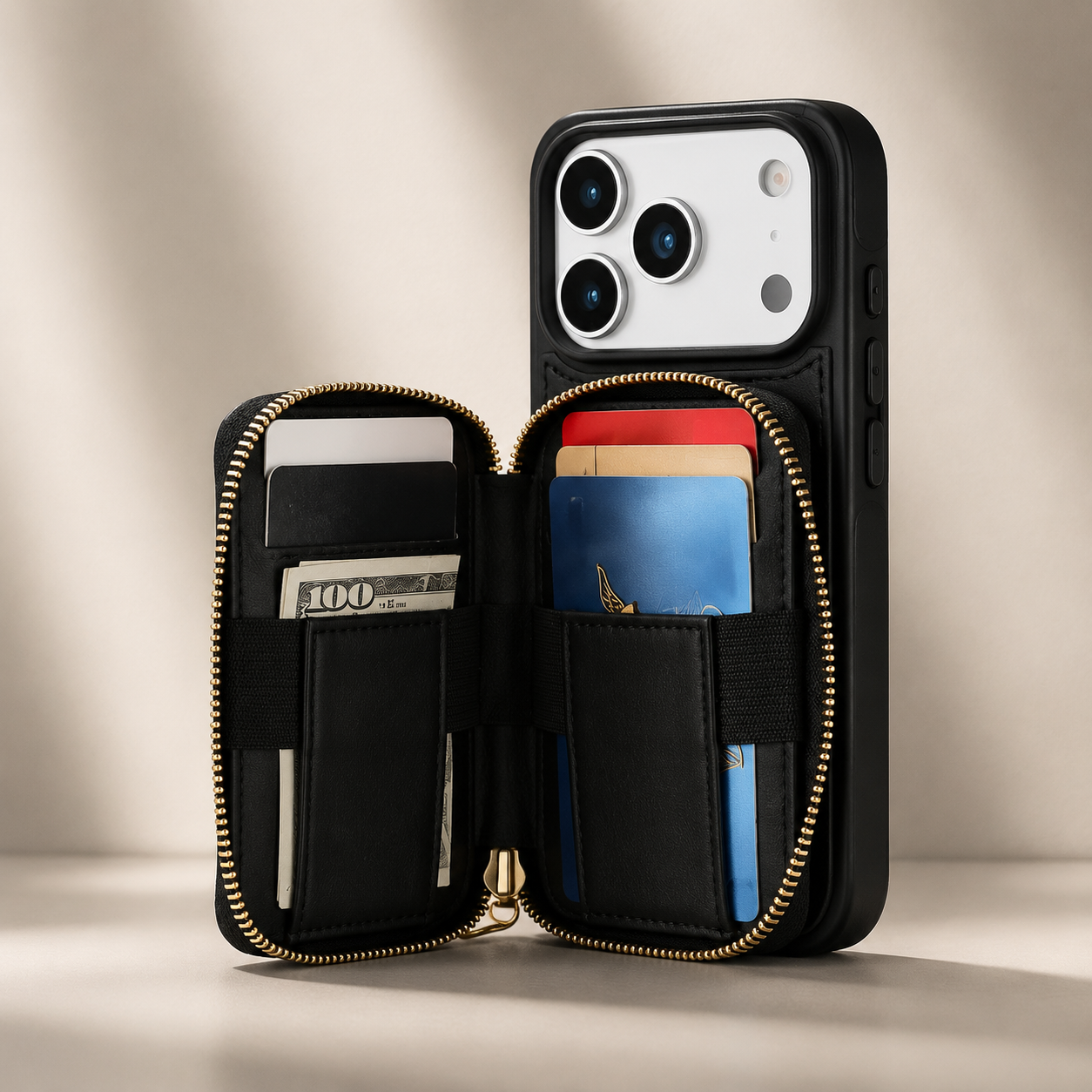 Premium iPhone Case Crossbody Wallet Cover RFID Protection Card Holder Zipper Handbag Kickstand Wrist Strap Lanyard Protective Folio Design