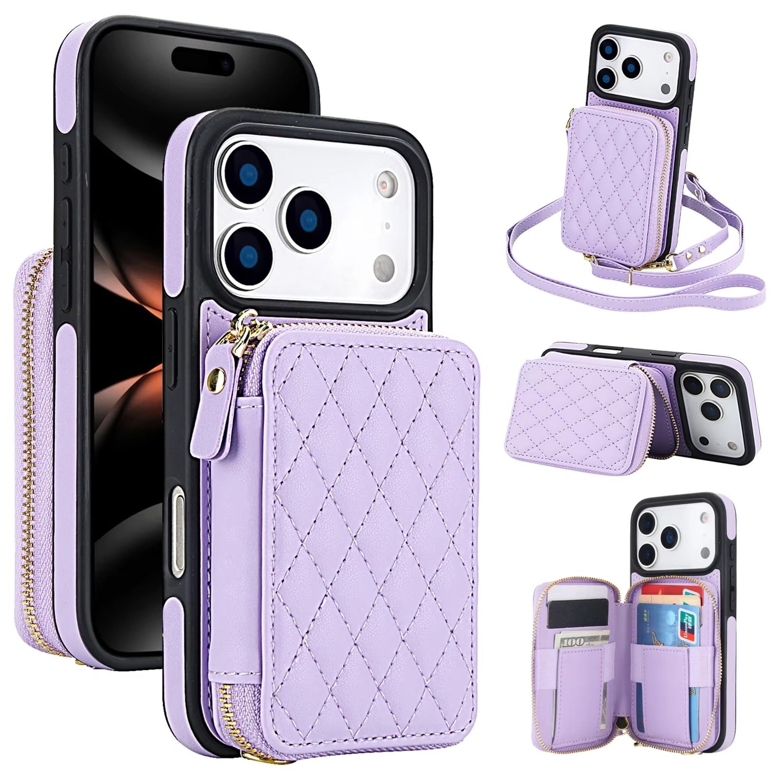 Premium iPhone Case Crossbody Wallet Cover RFID Protection Card Holder Zipper Handbag Kickstand Wrist Strap Lanyard Protective Folio Design