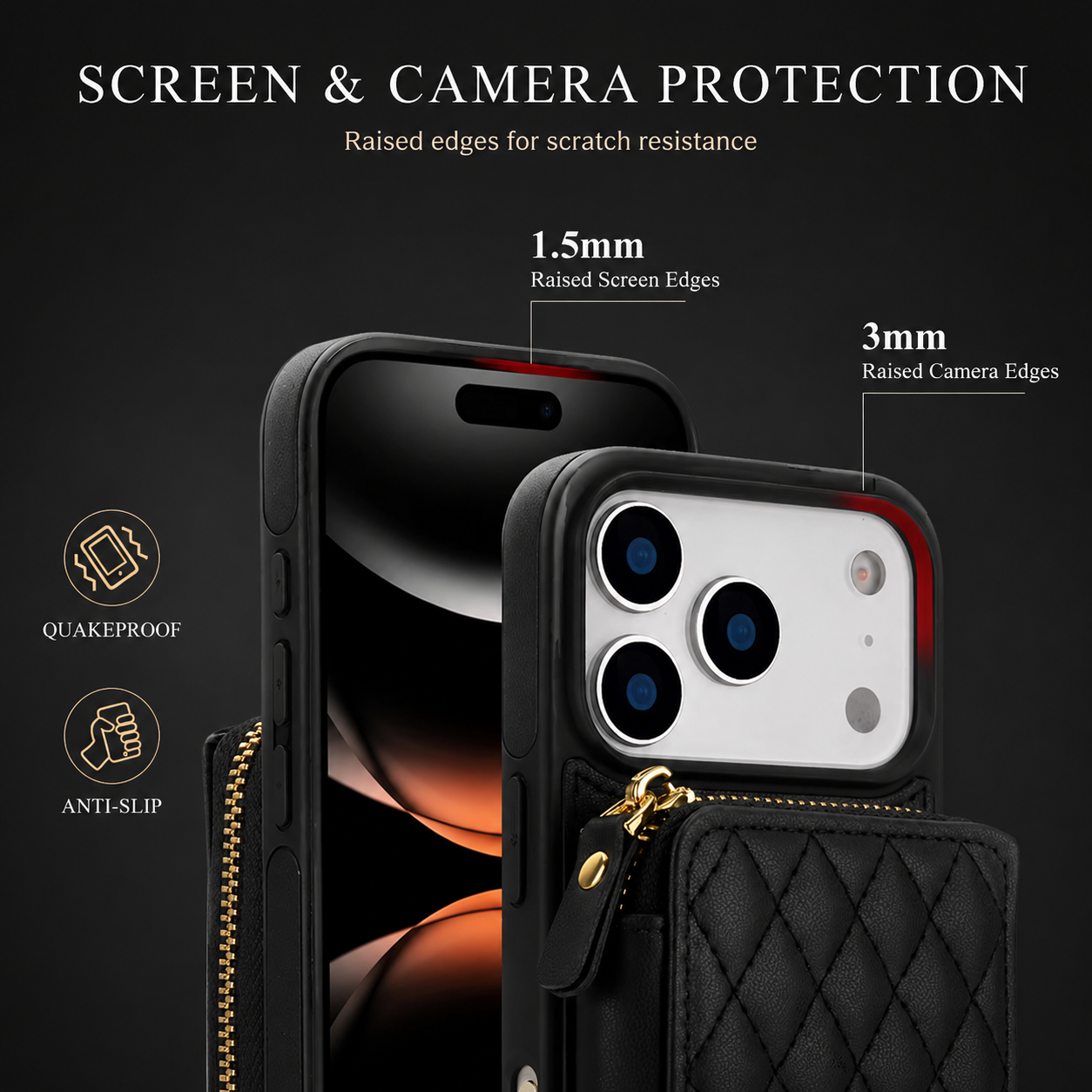 Premium iPhone Case Crossbody Wallet Cover RFID Protection Card Holder Zipper Handbag Kickstand Wrist Strap Lanyard Protective Folio Design