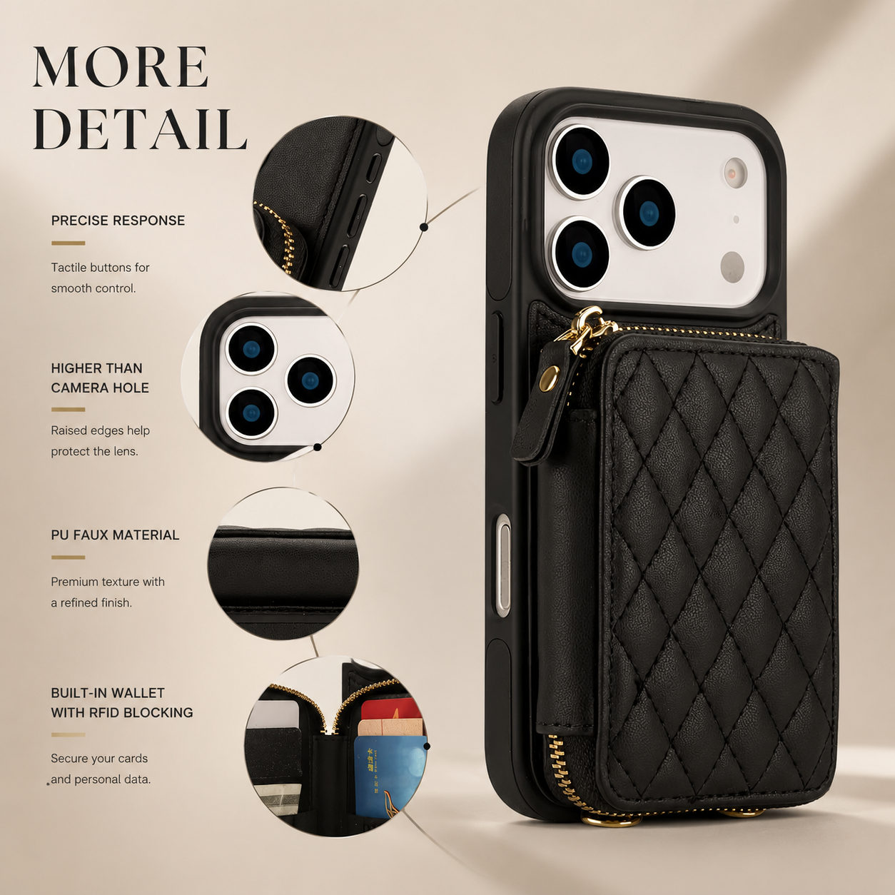 Premium iPhone Case Crossbody Wallet Cover RFID Protection Card Holder Zipper Handbag Kickstand Wrist Strap Lanyard Protective Folio Design